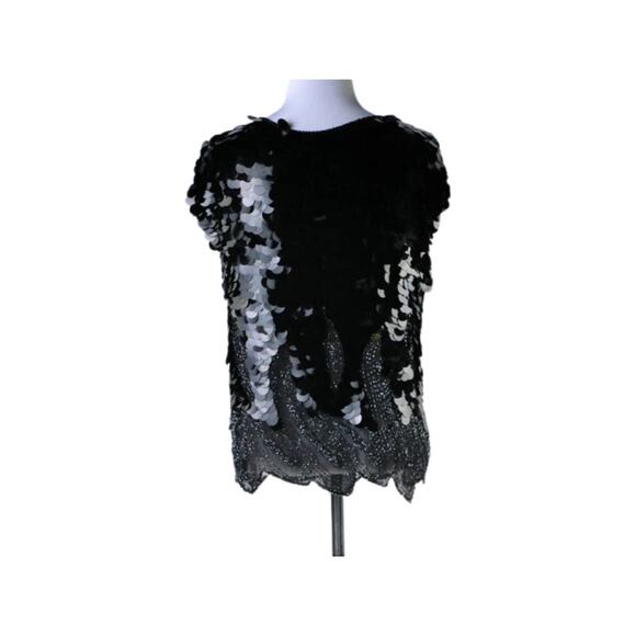 Vintage Black Silk Top with Beading, Large Sequin Discs Size Large - Picture 3 of 5